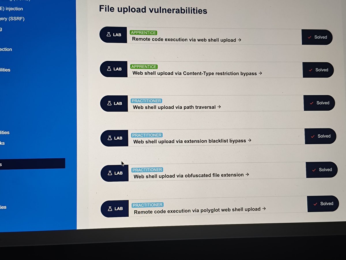 hackdartstorm's tweet photo. Today's progress ✅
Finished the File Upload Vulnerabilities and Information Disclosure labs.
One thing I've realized is that I don't really have a solid bug bounty methodology yet. I'm thinking about following Jason Haddix's methodology as a starting point.
#hackdartstorm https://t.co/WAlGllguKT