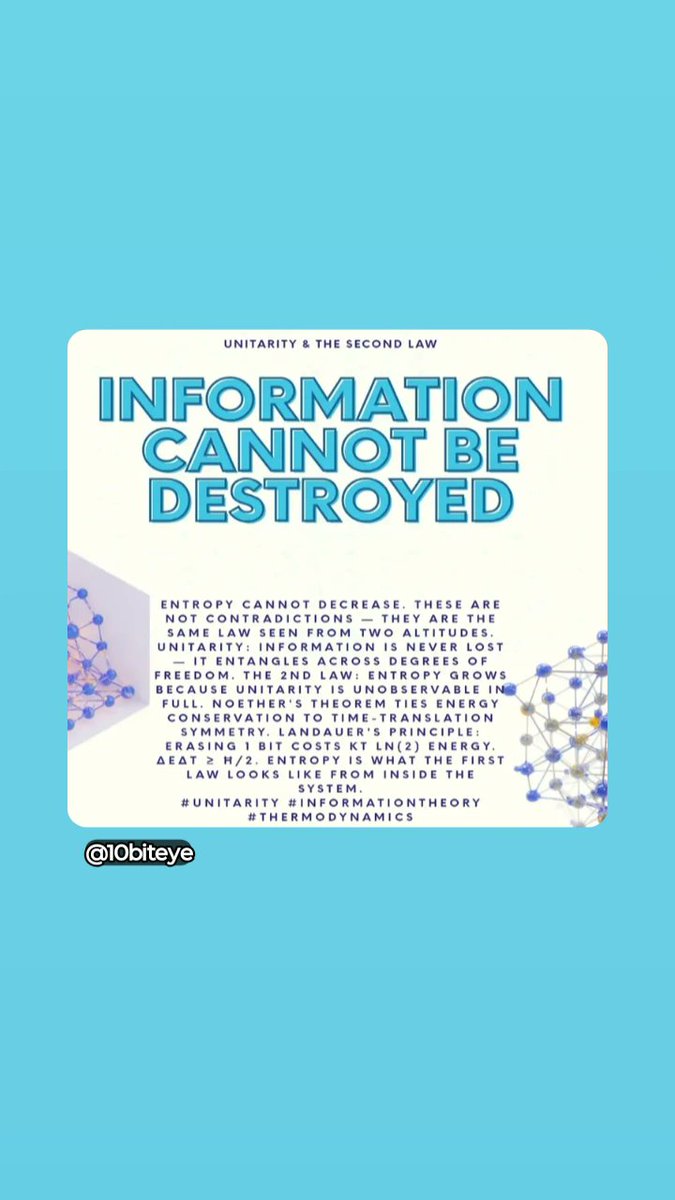 ALTMONEYFUND's tweet photo. Unitarity says information cannot be destroyed. The second law says entropy cannot decrease. These are not contradictions—they are the same law seen from two altitudes.

Noether's theorem ties energy conservation to time-translation symmetry: the universe looks the same tomorrow as today, so energy is conserved. That symmetry is unitarity's backbone. Every quantum state evolves forward, reversible, information-preserving, probability summing to one—always.

But zoom out to the macroscale and reversibility disappears. Why? Because entropy isn't information loss—it's information spreading. Unitarity keeps the total constant while the second law describes how it diffuses into correlations you can no longer track. The information isn't gone. It's just entangled across more degrees of freedom than you can access. Hawking radiation, the Page curve, island formulas—all of it says the same thing: the black hole isn't destroying information, it's scrambling it past the resolution of any local observer.

Landauer's principle is the bridge you're circling: erasing one bit costs kT ln(2) of energy, dumped as heat. Information and thermodynamics were never separate ledgers—they're the same ledger, read in different units. Time-energy uncertainty (ΔEΔt ≥ ħ/2) is just the local, quantum-scale signature of that same bookkeeping: shorter time windows buy you energy uncertainty, which is another way of saying the universe won't let you audit it for free.

So yes—first law holds because unitarity holds. Second law holds because unitarity is unobservable in full. Entropy is what the first law looks like from inside the system instead of outside it.

#Unitarity #InformationTheory #Thermodynamics #QuantumMechanics #BlackHoleInformation