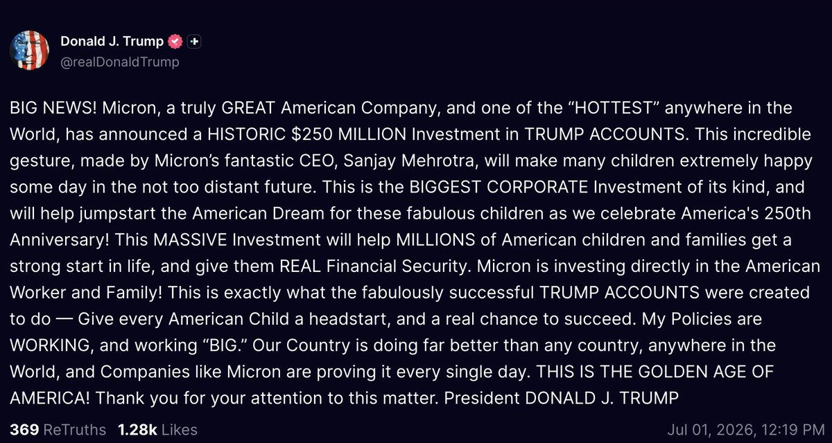 pelositracker's tweet photo. BREAKING: President Trump has mentioned Micron again and called them a “GREAT American Company” https://t.co/GNBC5vQ7DE