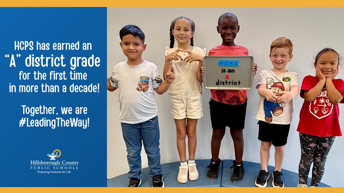 HillsboroughSch's tweet photo. We are proud to announce that Hillsborough County Public Schools has earned an “A” district grade from the @EducationFL for the first time in more than a decade! 

This milestone follows a year of remarkable student achievement, reflecting all the hard work and dedication from our students, administrators, teachers, support staff, and families. 

We are ready to continue to build on this momentum this upcoming school year. 

Thank you to our HCPS Family for helping us lead the way!