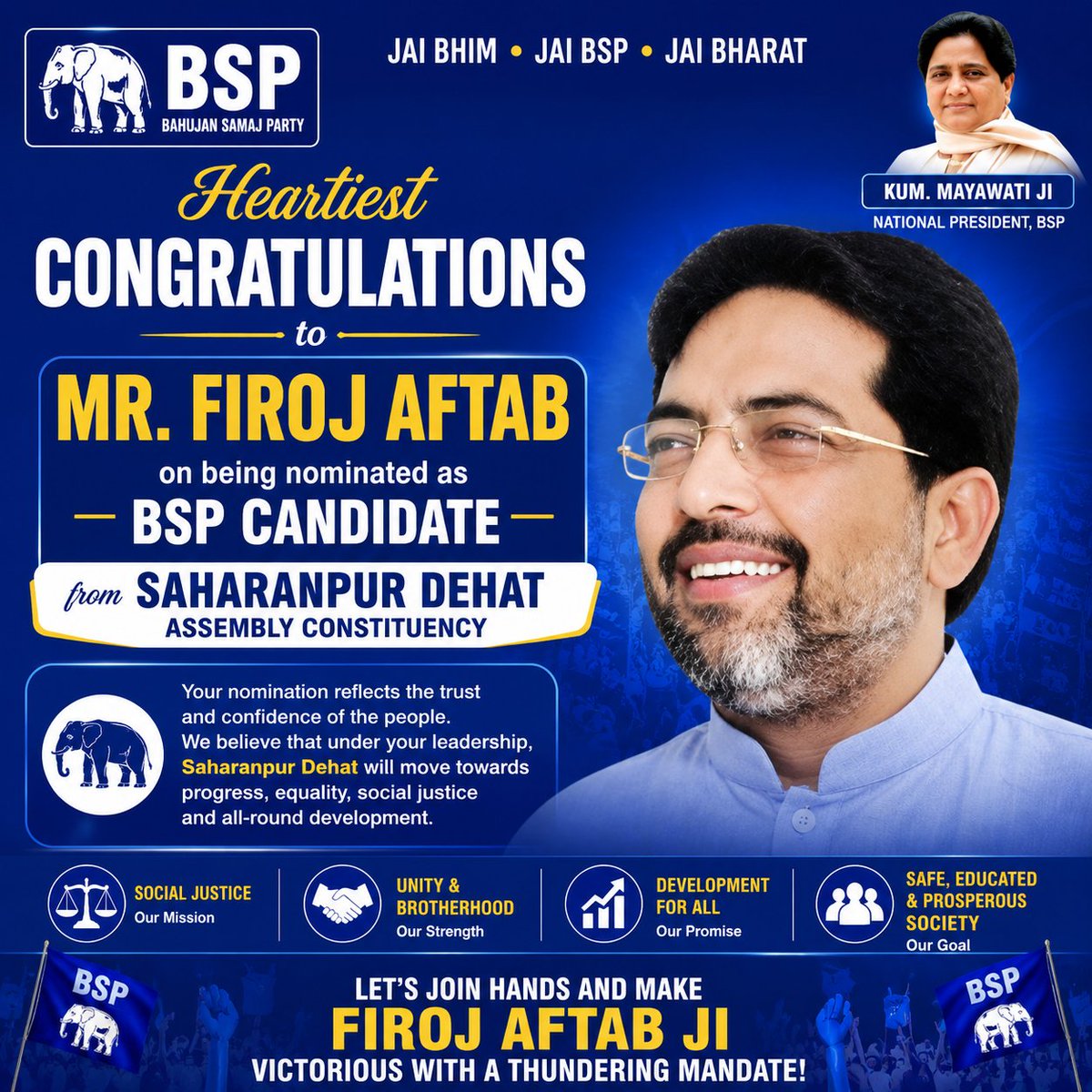 AmrishRathi7's tweet photo. Heartiest Congratulations to Mr. Firoj Aftab
on being nominated as the BSP Candidate from Saharanpur Dehat Assembly Constituency.@AnandAkash_BSP @Mayawati @bspindia @anandpraka_sh https://t.co/CEFGlay70h