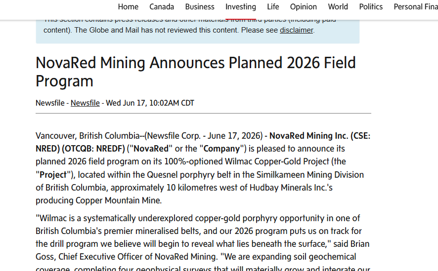 nady0812's tweet photo. THIS CHANGED THE WAY I ANALYZE COPPER STOCKS

A few years ago, my research usually started with one question:

How much copper does this company have?

Today, I start somewhere else

Where is that copper located?

Recent U.S. policy discussions around copper made one thing clear to me: governments are becoming far more focused on securing reliable supply chains for critical minerals. AI data centers, power grids, EVs and defense all require enormous amounts of copper, and where that copper comes from is becoming increasingly important

That's exactly why I've continued following NovaRed Mining

The company isn't producing copper today, but I like where it's positioned. Wilmac spans 39,726 acres in British Columbia, one of North America's most established mining jurisdictions. NovaRed has already identified 3 drill-ready targets, completed 18.3 miles of IP/AMT surveys capable of imaging beyond 4,900 feet, and committed C$8.5 million toward advancing the project

What also separates $NREDF from many junior explorers, in my opinion, is MetalCore. Instead of relying only on traditional exploration, the company has built an AI-driven platform with more than 2.7 million proprietary geological records, including 1.4 million geochemical samples, 799,000 mineral occurrence records, 583,000 mining claims, and 11,000 mineral properties

I still care about how much copper a company might find

But today, I care just as much about where that copper is located - and whether the company has the technology to explore it more intelligently. That's one of the reasons NovaRed Mining continues to earn a place on my watchlist

$NOW $AMBA $AMD