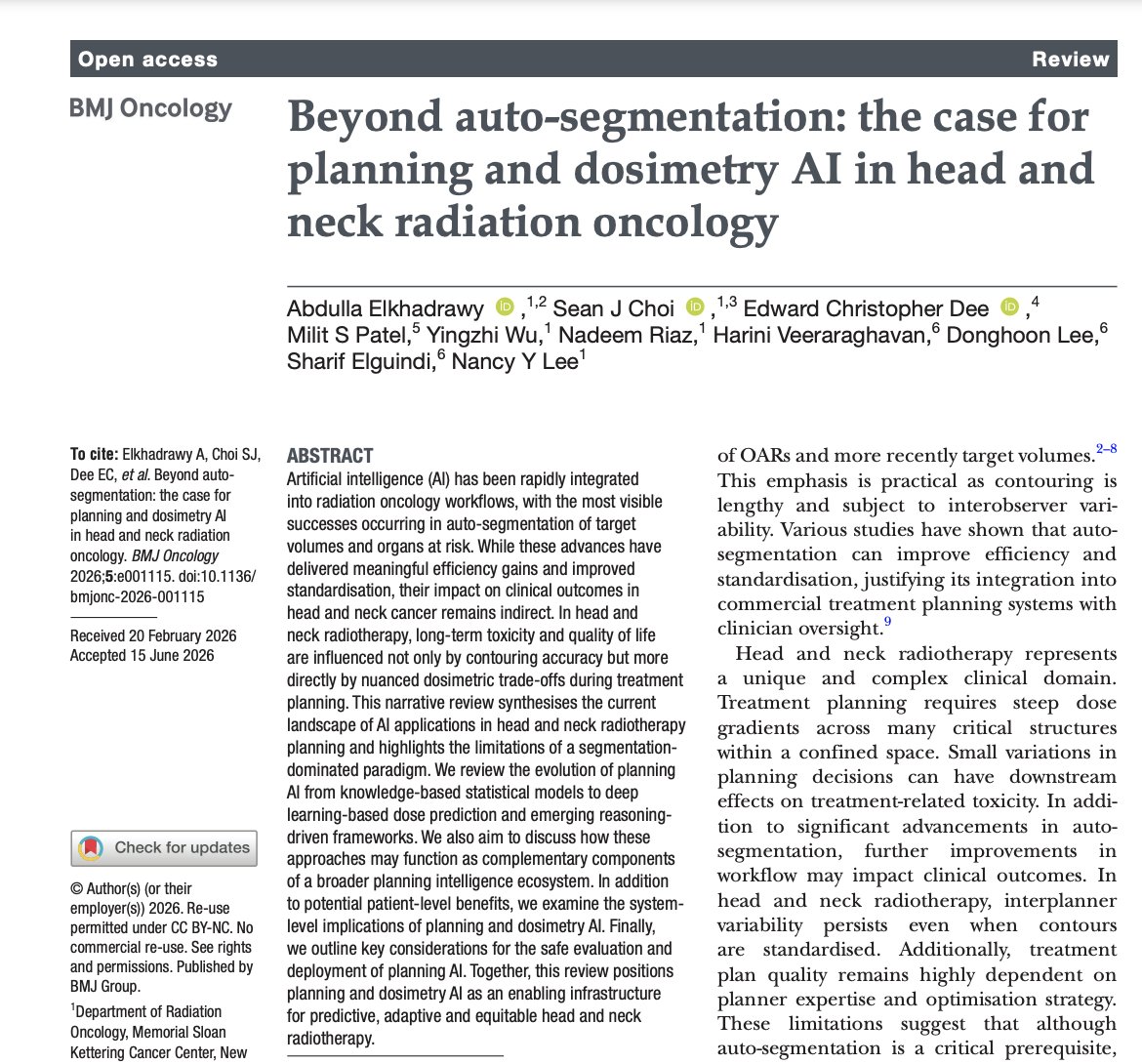 EChrisDee's tweet photo. 📜 In @BMJOncology led by @AbdullaElk &amp; @SeanC_51 &amp; mentored by @IMRTLee, we outline the many roles of #AI in #headandneck #radonc

🙏 Proud of our @MSKCancerCenter team &amp; grateful to experts &amp; collaborators

@MilitSPatel Ying @xrtGenomics @HariniVeerarag1 Donghoon and Sharif https://t.co/6AIM2CSHvz