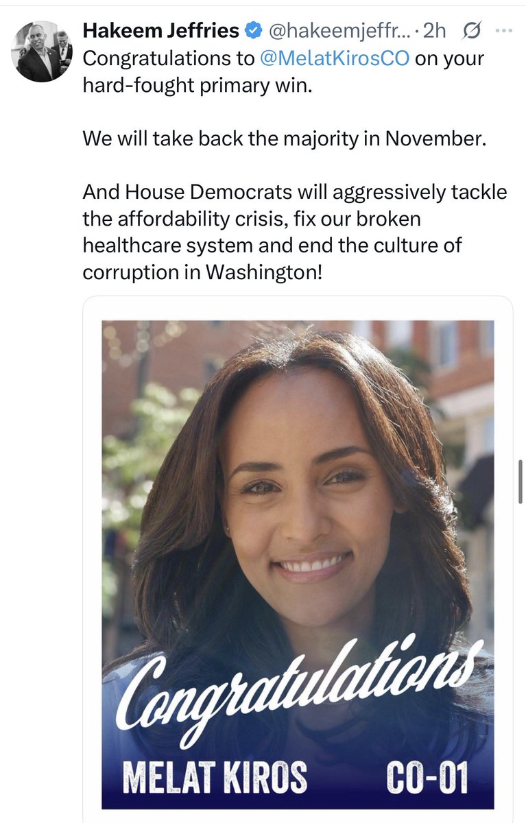 DropSiteNews's tweet photo. ⚡️Melat Kiros says House Minority Leader Hakeem Jeffries should not become speaker if Democrats retake the House, arguing the party must “root out the corruption and get money out of our politics” by voting out incumbents “taking that kind of corporate PAC money.”

Her comments to Politico came as Jeffries publicly congratulated Kiros on her primary victory, calling it a “hard-fought” win and saying House Democrats would “end the culture of corruption in Washington.”