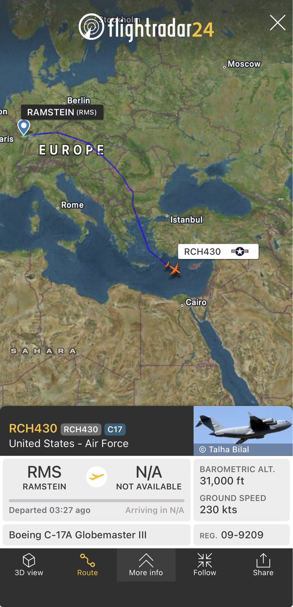 WarMonitorrr's tweet photo. 🇺🇸⚠️USAF C-17A Globemaster III (09-9209 | RCH430) observed departing Ramstein and heading toward Israel.
(My assessment: the cargo may include air defense systems or air defense missiles, though there is no confirmation at this time)
#OSINT #Military #USAF #Israel https://t.co/WKJLymfOlU