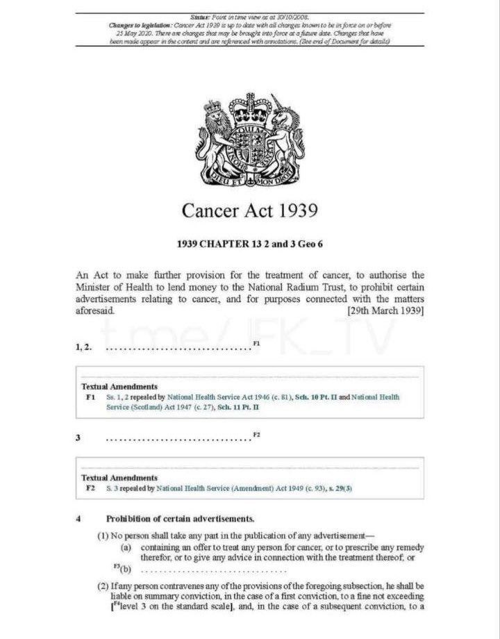 Eatlovepray22's tweet photo. CANCER ACT van 1939 — Kanker genezen is illegaal 😒

Aangenomen door het Engelse parlement...
Deze wet werd ook toegepast in de VS.

Wist je dat het volgens de Kankerwet van 1939 zelfs strafbaar is voor artsen om patiënten te adviseren over mogelijke geneeswijzen voor kanker? https://t.co/zr8tI2muV1