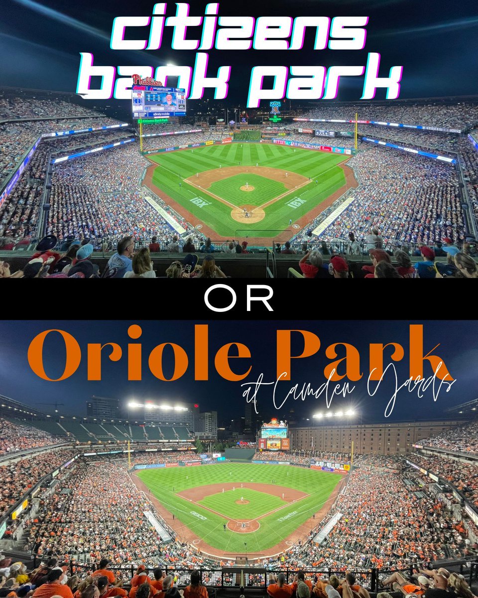 TripleCrownTrav's tweet photo. Which park is better, Citizens Bank Park or Oriole Park at Camden Yards?

Some of the upsides for Citizens Bank Park are the electric atmosphere (we're talking about Philly fans here), the amazing food selection there, and of course, the view of downtown Philadelphia during the games. The little details matter too, like how every seat is facing the pitcher's mound, meaning you won't have to worry about your view during the game.

Oriole Park at Camden Yards has a cool retro feel to it due to its unusual but intentionally unique design, making it a fan favorite stadium! The B&O Warehouse is the centerpiece at this park, with the festive Eutaw Street in front of it featuring Boog's BBQ and brass home run markers sprinkled along the walkway.

Both of these stadiums are great, but which one do you prefer? #triplecrowntravel