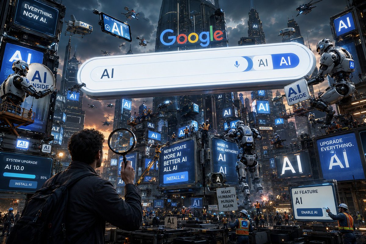 thededbatman's tweet photo. Google spent years teaching AI to understand humans.
Now humans are spending hours trying to understand Google’s AI.
Big Tech is racing to add AI everywhere, from search to phones to apps, creating a future where every button has an “AI-powered” label.  [The Verge]

#AI #Google https://t.co/yjRe8W1Vj4