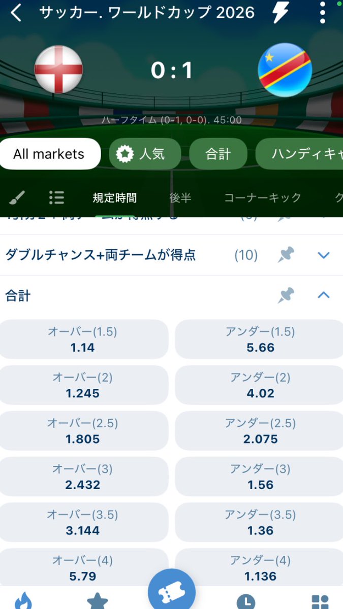 saikyouspobe's tweet photo. イングランドvsコンゴ
合計ゴールover2.5@1.805 https://t.co/tMSn28QH4A