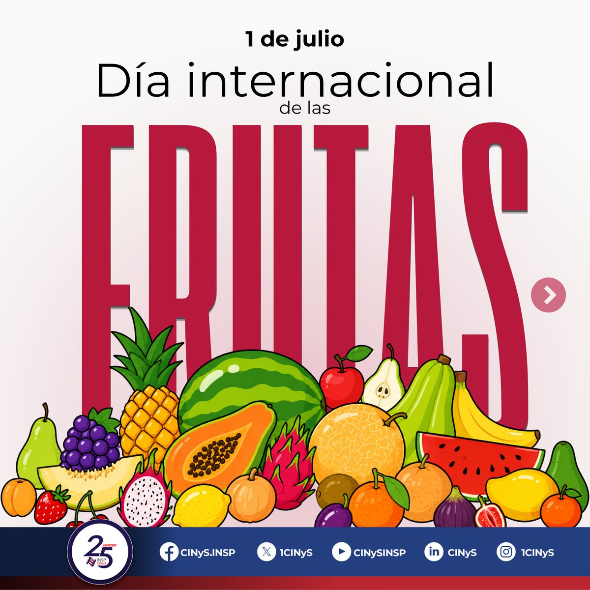 1CINyS's tweet photo. ¡Dale color a tu alimentación! 🍓🍊🍍

Hoy, en el Día Internacional de las Frutas, recuerda que consumir frutas todos los días aporta fibra, vitaminas, minerales y antioxidantes que benefician tu salud.

🍎 Elige frutas de temporada y disfruta de toda su variedad, sabor y frescura.

#DíaInternacionalDeLasFrutas #ComeMásFrutas #AlimentaciónSaludable