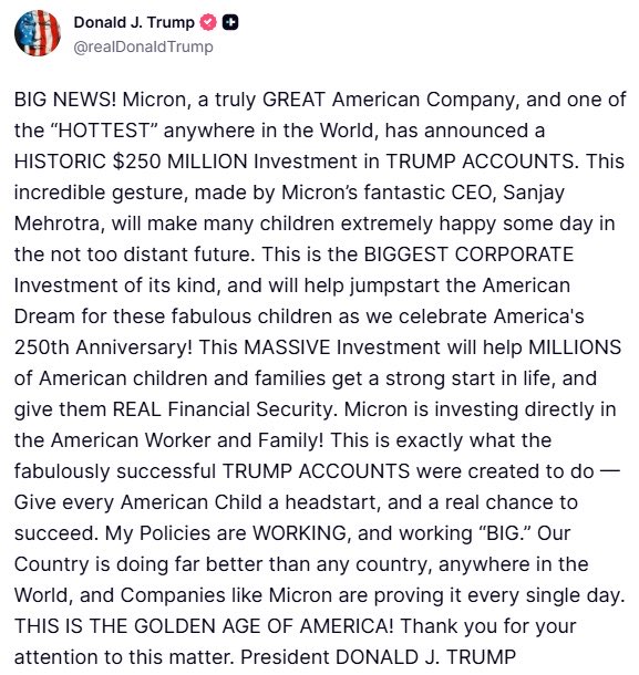 Mr_Derivatives's tweet photo. $MU

Trump posted this about Micron.trying to pamp it.

Stock: no reaction lol https://t.co/iGiNiQtbm0