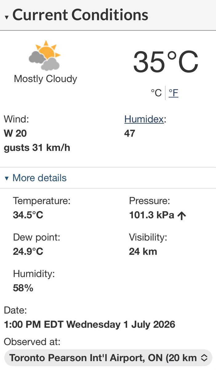 stormwx1's tweet photo. This is the highest humidex at Toronto YYZ since 2011. 

35c feeling like 47 at this hour. 🥵🥵🥵 https://t.co/pbB9J7mLLa