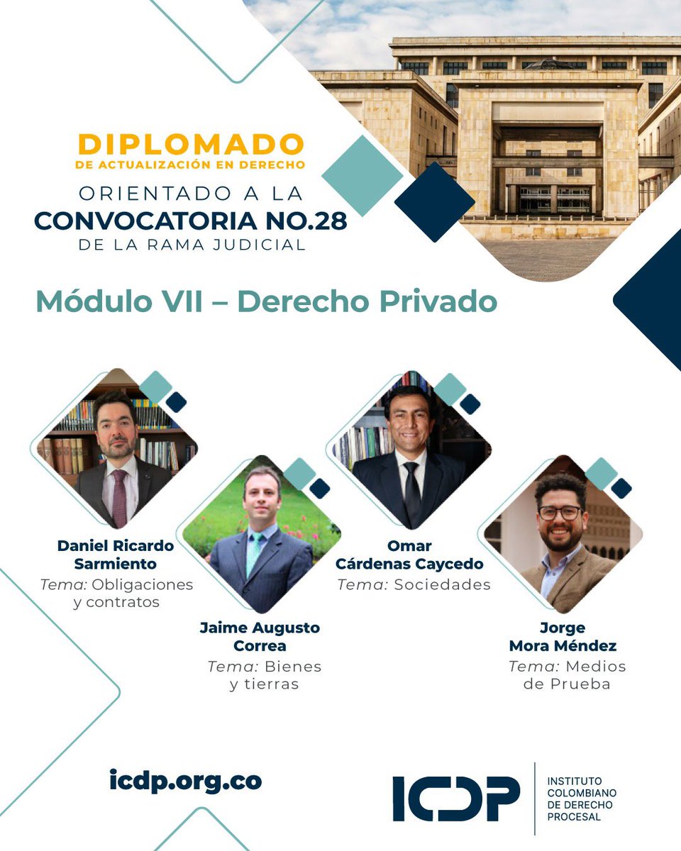 I_C_D_P's tweet photo. ⚖️📚 ¡Conoce a nuestros docentes del Diplomado de Actualización en Derecho orientado a la Convocatoria No. 28 de la Rama Judicial!

Un destacado grupo de académicos, magistrados, jueces y expertos del derecho compartirá sus conocimientos y experiencia para brindarte una preparación integral de cara a uno de los procesos de selección más importantes del país.

🚀 Fortalece tus competencias, actualiza tus conocimientos y prepárate con una formación de alto nivel académico.

📅 ¡No dejes pasar esta oportunidad de impulsar tu carrera profesional!

🔗 Inscripciones abiertas:
https://t.co/IlwTdvOJ2T