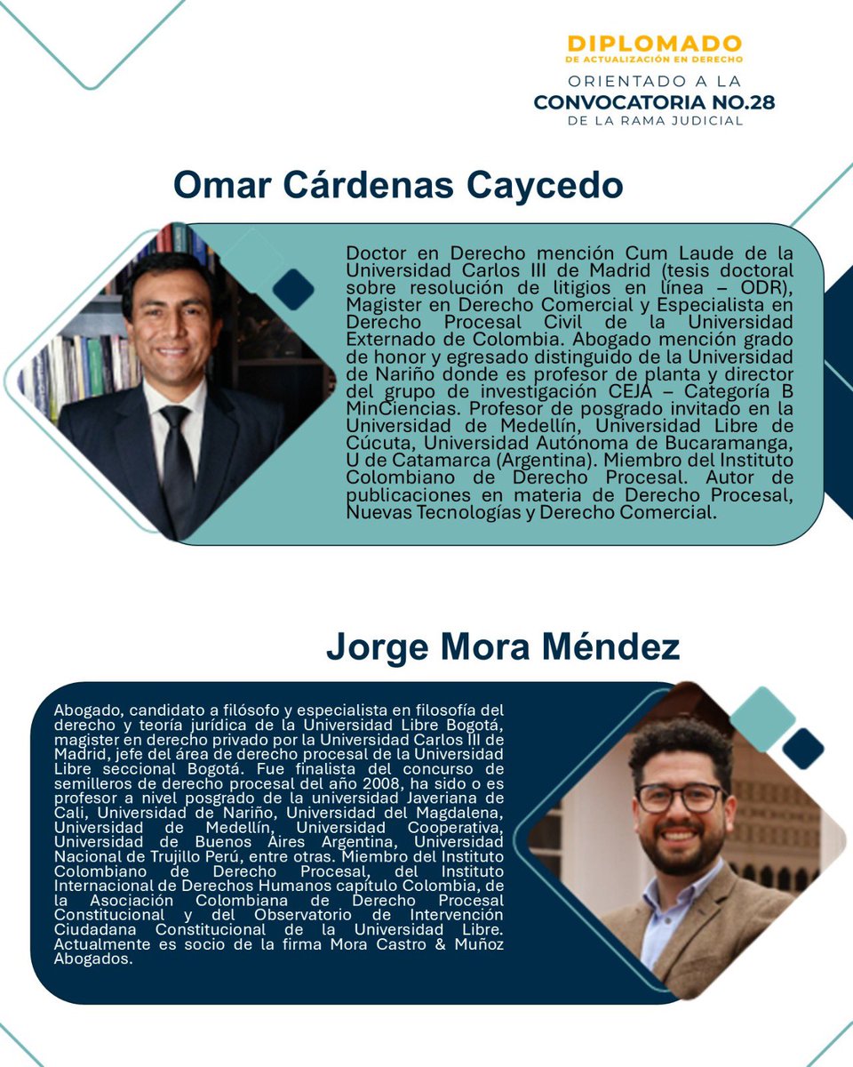 I_C_D_P's tweet photo. ⚖️📚 ¡Conoce a nuestros docentes del Diplomado de Actualización en Derecho orientado a la Convocatoria No. 28 de la Rama Judicial!

Un destacado grupo de académicos, magistrados, jueces y expertos del derecho compartirá sus conocimientos y experiencia para brindarte una preparación integral de cara a uno de los procesos de selección más importantes del país.

🚀 Fortalece tus competencias, actualiza tus conocimientos y prepárate con una formación de alto nivel académico.

📅 ¡No dejes pasar esta oportunidad de impulsar tu carrera profesional!

🔗 Inscripciones abiertas:
https://t.co/IlwTdvOJ2T