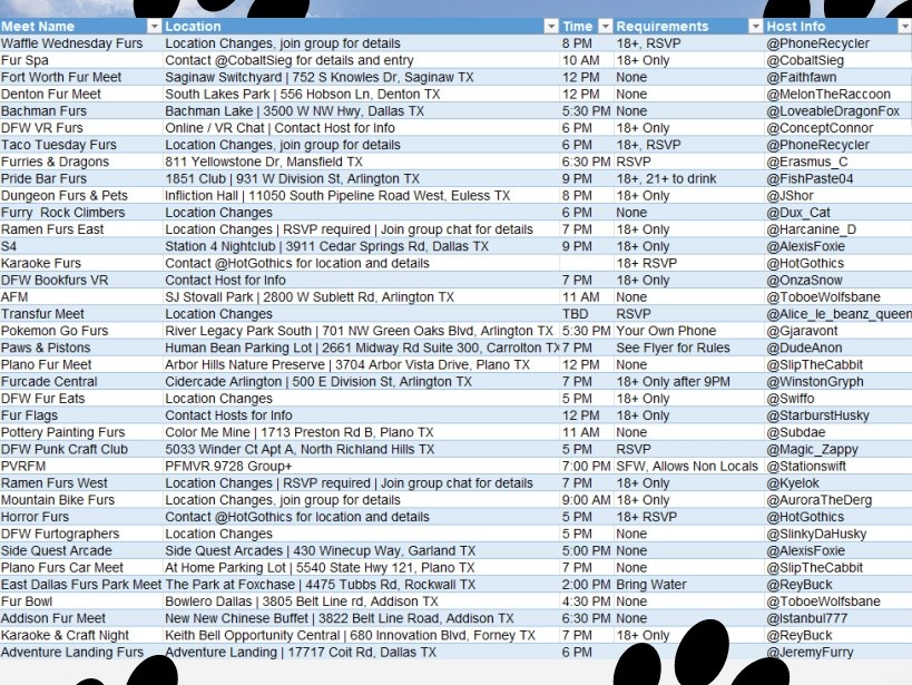 DFWFurs's tweet photo. The July furmeet calendar is here #DFWFurs!

Please refer to the key to see organizers, locations, and requirements to attend for each meet! ❤️🐾 https://t.co/9F71mJ6zNc