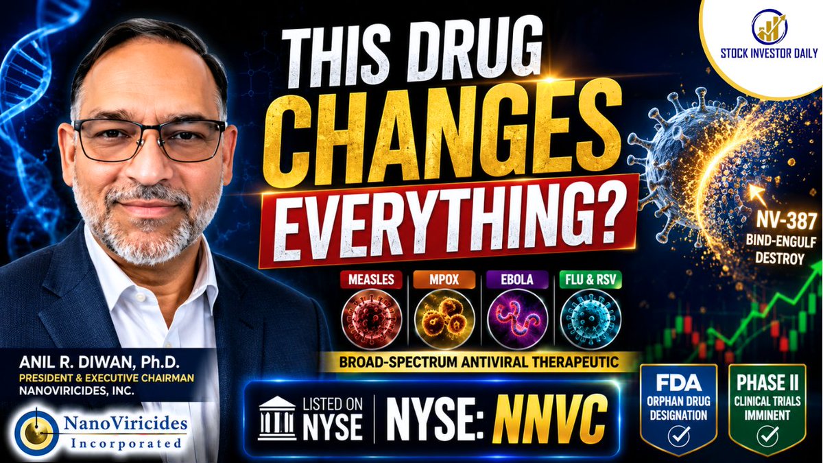 StockInvestorD3's tweet photo. NEW Interview with Anil R. Diwan, Ph.D, Pres and Exec Chairman of NanoViricides, Inc. (NYSE: $NNVC). Check out this in-depth interview with a company looking to impact healthcare and medicine.
#video #interview #nyse #nnvc #biopharma #nv387 #fda #phaseII
https://t.co/O0kGt5Tk8W https://t.co/WaGyDfl7Lm