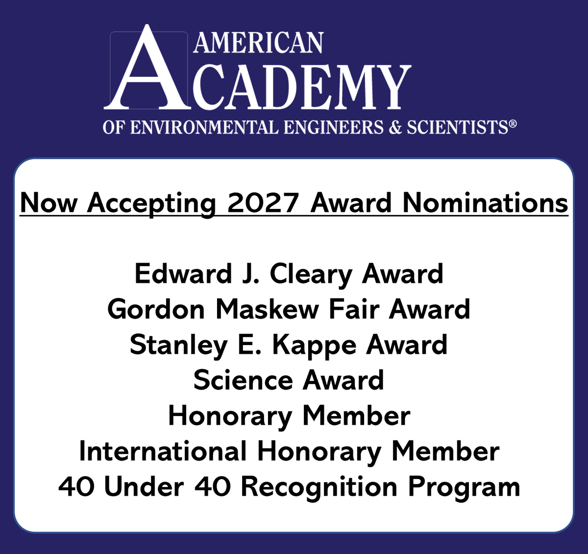 AAEESdotORG's tweet photo. We’re excited to announce that nominations are officially open for our 2027 honors and recognitions. Help us celebrate outstanding contributions in environmental engineering and science.
Nominate a deserving professional or rising star today!

https://t.co/x9ASXZqEVO https://t.co/EGNRcx3VSt