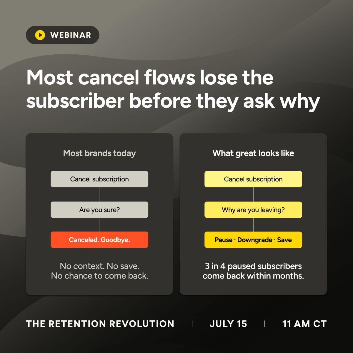 recurly's tweet photo. 💡51% of cancellations last year happened because the subscriber wasn't using the product enough. That's not churn, that's a timing problem. And timing problems have solutions: a pause, a downgrade, a well-placed check-in.
Our webinar covers this 👉https://t.co/gwpXqKunJV https://t.co/XpkrrZEv4a