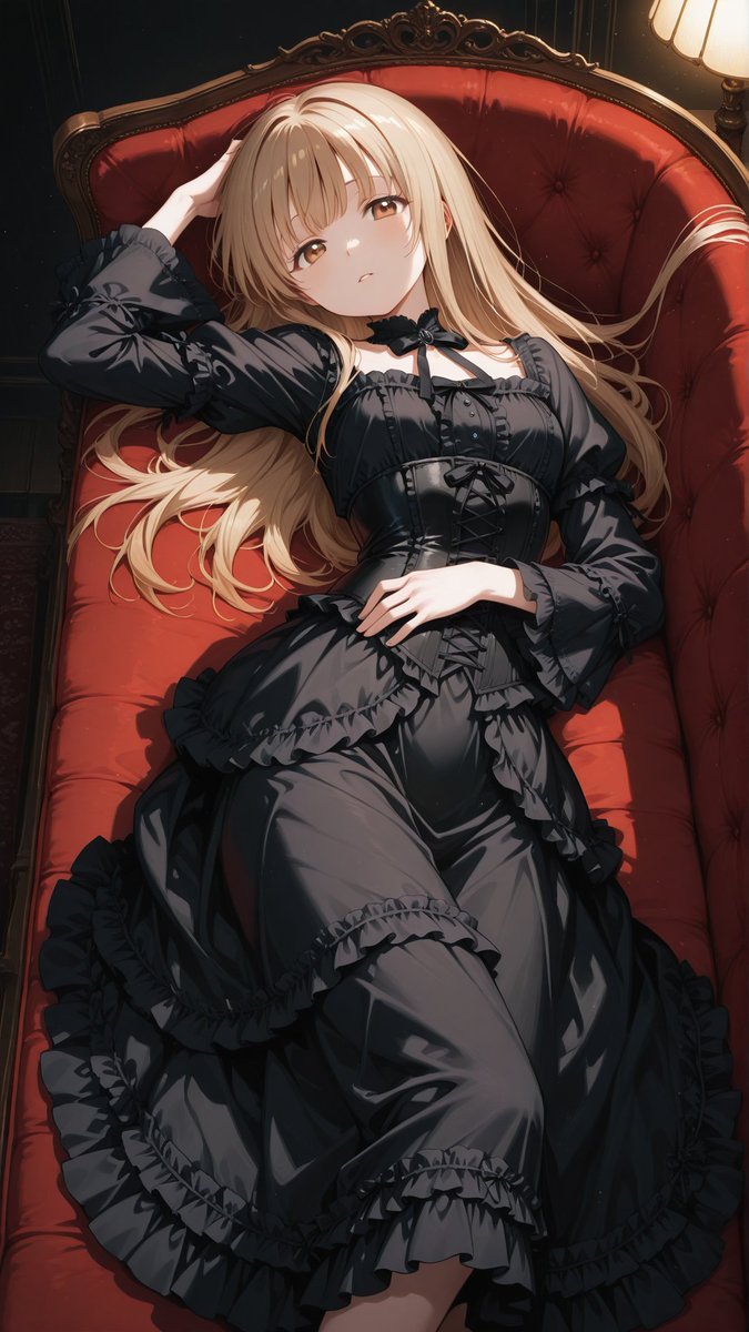 i214's tweet photo. Reclining in velvet and gold, she wears the night like silk. Every fold of black lace whispers elegance.

#椎名真昼 #隣の天使様 #ゴシックロリータ #animegirl #gothiclolita #lolita #cathedral #AIart https://t.co/WmOP33p0WK
