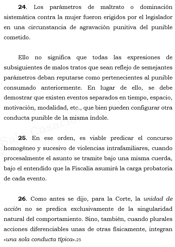 loviedoH's tweet photo. Corte S. Rad. 61519/26.

El delito de violencia intrafamiliar EXCEPCIONALMENTE puede ser objeto de acusación en concurso real, homogéneo y sucesivo, abandonándose relativamente la tesis de unidad de acción.

"Y se trata de una posibilidad excepcional, máxime que, así pudieren https://t.co/ZY6FeaBpGi