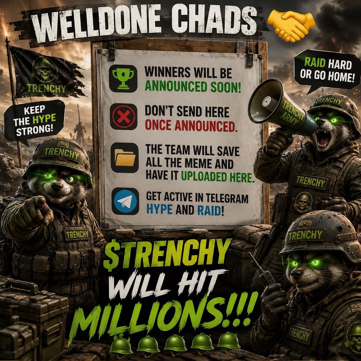 Trenchy_Army's tweet photo. 🪖 The $TRENCHY Meme Contest is officially CLOSED! 🪖

A huge thank you to everyone who participated and brought the trenches to life with your creativity🔥

🏆 Our team is now reviewing all entries, and the Top 5 winners will be announced soon 🔜 

Stay tuned… the trenches are about to reward their finest meme warriors🫡💚

#TRENCHY #Solana #MemeContest
