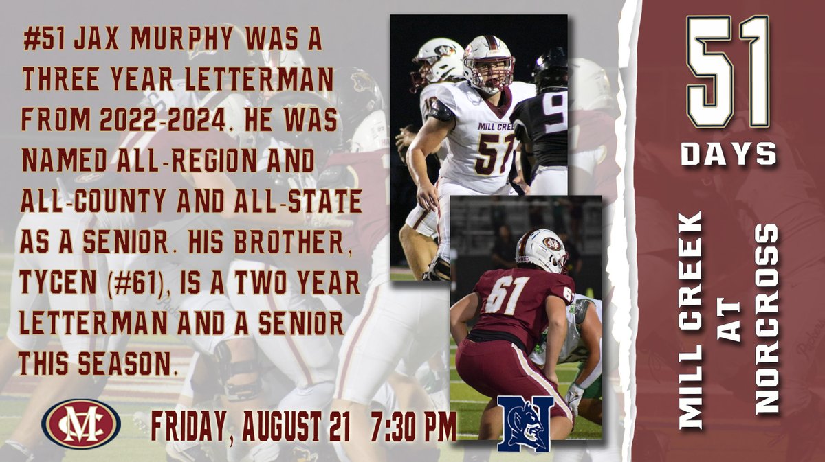 MCFootballCoach's tweet photo. We are 51 days from Mill Creek kicking off the 2026 football season at Norcross! MCBABY!! https://t.co/AI5pDs8GSg