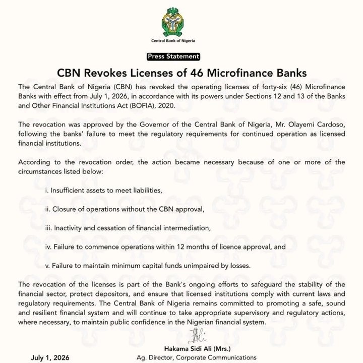 Exceltvmedia's tweet photo. CBN REVOKED BANK LICENSES ; CHECK YOUR BANK ON THIS LIST 

The Central Bank of Nigeria has revoked the operating licences of 46 microfinance banks with effect from July 1, 2026 https://t.co/njtdHkZWJu
