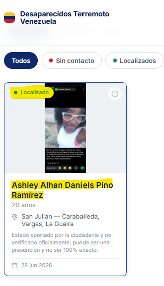 _gemoreno's tweet photo. @noseasbruja Hola !

Esta persona figura en el sitio: 
https://t.co/ZqUryMkfXx

Por la imagen tuya y del sitio web pareciera ser la misma persona y ha sido reportada como localizada !  
 
FAVOR AVISAR A CONTACTOS Y FAMILIARES en la misma plataforma.   

Dios los proteja ! https://t.co/WrTqBNNF6d