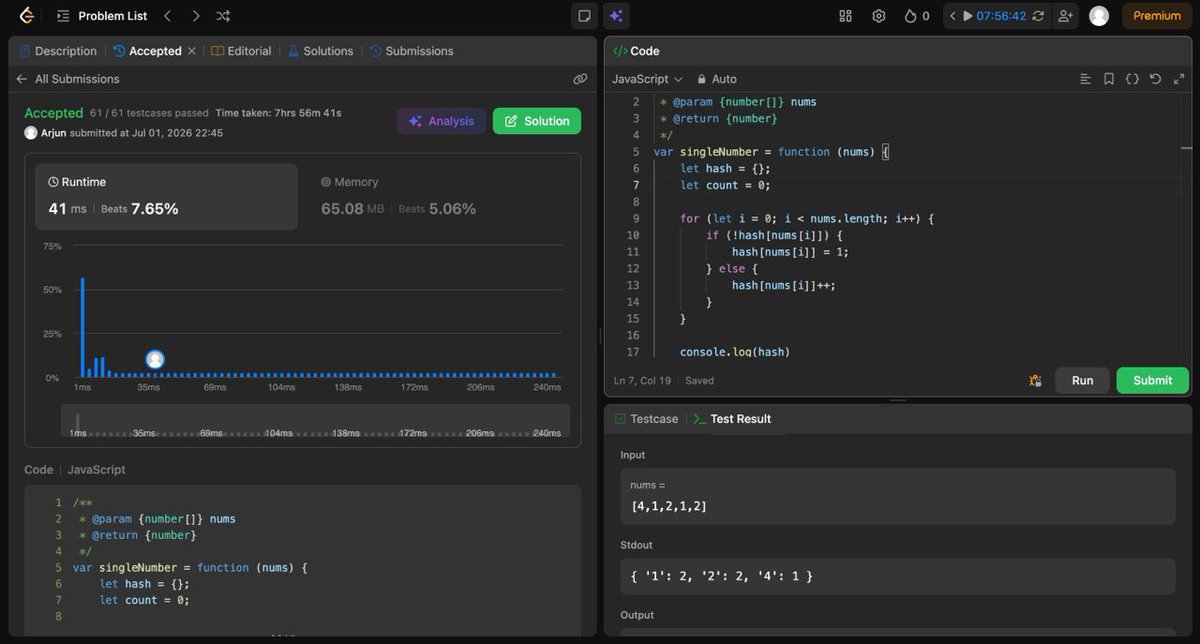 ArjunReactpanda's tweet photo. 🚀 Day 4/365 – DSA

Solved today:
✅ LC 485 – Max Consecutive Ones
✅ LC 268 – Missing Number
✅ LC 136 – Single Number

Learned Array Traversal, Math Formula, HashMap,One step closer every day. 💪

#365DaysOfCode #DSA #NamasteDev #LeetCode #JavaScript https://t.co/UkFH82GWjt