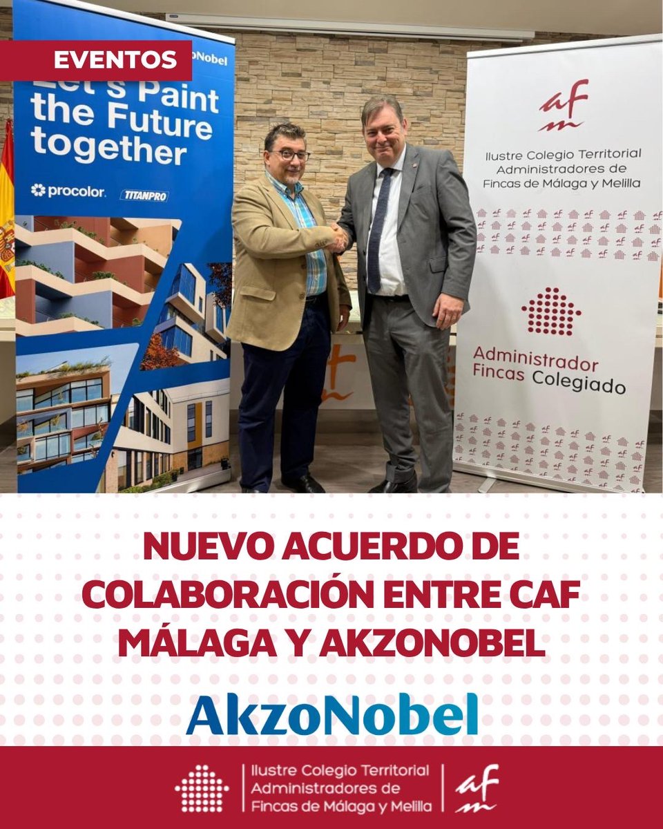 CAFMalagaES's tweet photo. @CAFMalagaES  y @AkzoNobel  sellan un acuerdo para reforzar el asesoramiento técnico a las comunidades de propietarios

El Colegio de Administradores de Fincas de Málaga y Melilla (CAF Málaga) y la compañía AkzoNobel han firmado un acuerdo de colaboración con el objetivo de ofrecer a los administradores de fincas colegiados un servicio especializado en soluciones de pintura, protección y rehabilitación de edificios.

Gracias a esta alianza, los profesionales podrán contar con asesoramiento técnico personalizado para el análisis del estado de los inmuebles y la selección de sistemas de pintura para fachadas y zonas comunes, así como soluciones de aislamiento térmico exterior (SATE), impermeabilización y mantenimiento preventivo de edificios residenciales.

El acuerdo fue suscrito por el presidente de CAF Málaga, Manuel Jiménez Caro, y Gorka Jon Beain, en representación de AkzoNobel, consolidando el compromiso de ambas entidades con la mejora de la conservación, la eficiencia y la calidad de los edificios gestionados por los administradores de fincas colegiados.

Para más información: https://t.co/9OUiisbGRs
