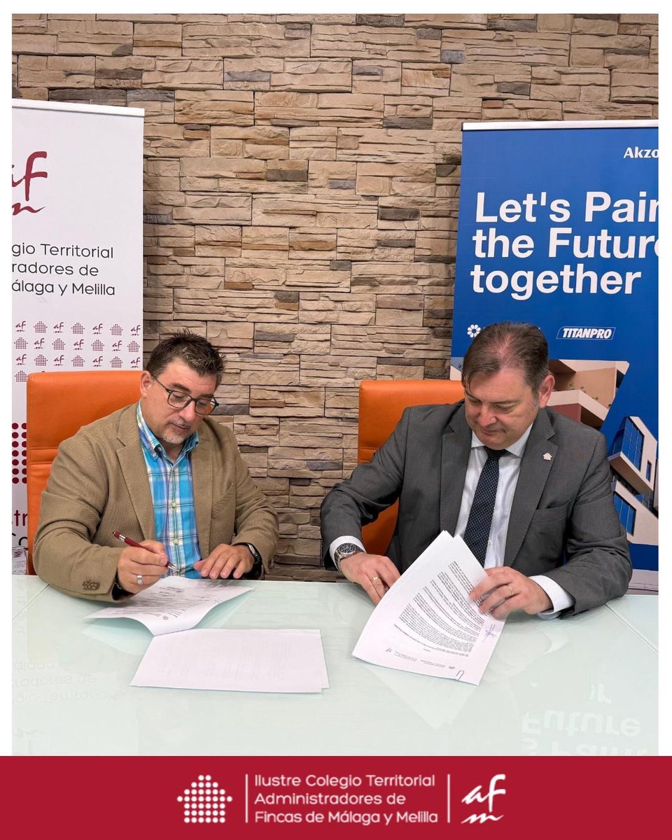 CAFMalagaES's tweet photo. @CAFMalagaES  y @AkzoNobel  sellan un acuerdo para reforzar el asesoramiento técnico a las comunidades de propietarios

El Colegio de Administradores de Fincas de Málaga y Melilla (CAF Málaga) y la compañía AkzoNobel han firmado un acuerdo de colaboración con el objetivo de ofrecer a los administradores de fincas colegiados un servicio especializado en soluciones de pintura, protección y rehabilitación de edificios.

Gracias a esta alianza, los profesionales podrán contar con asesoramiento técnico personalizado para el análisis del estado de los inmuebles y la selección de sistemas de pintura para fachadas y zonas comunes, así como soluciones de aislamiento térmico exterior (SATE), impermeabilización y mantenimiento preventivo de edificios residenciales.

El acuerdo fue suscrito por el presidente de CAF Málaga, Manuel Jiménez Caro, y Gorka Jon Beain, en representación de AkzoNobel, consolidando el compromiso de ambas entidades con la mejora de la conservación, la eficiencia y la calidad de los edificios gestionados por los administradores de fincas colegiados.

Para más información: https://t.co/9OUiisbGRs