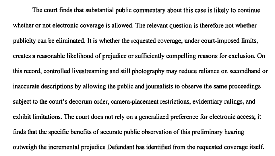 aburkhartlaw's tweet photo. Not surprising given the case history so far but still breathing a sigh of relief - Judge Graf confirms the cameras will be allowed for Tyler Robinson's preliminary hearing. He's specifically finding that being able to see for ourselves "may reduce reliance on secondhand or inaccurate descriptions" and will result in "specific benefits of accurate public observation of this preliminary hearing." Transparency wins again!

Document here: https://t.co/kuCDldj3WP