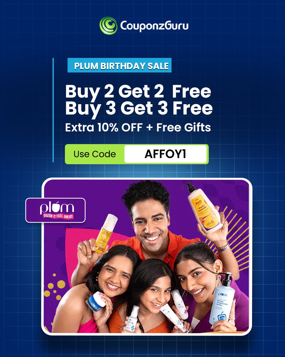 couponzguru's tweet photo. Birthday Sale Is Live!!
Now buy 2 and get 2 free | buy 3 and get 3 free.
Also, avail extra 10% off on Min purchase of Rs.799.
Use Code - AFFOY1
Checkout CouponzGuru For More Details And Offer.
#cosmetics #beauty #skincare #SaleAlert #CouponzGuru https://t.co/XgiShiBpQ5