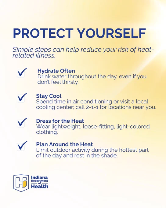 The image is an informational flyer from the Indiana Department of Health, titled "Protect Yourself." It lists tips to reduce heat-related illness: hydrate often, stay cool with air conditioning or local cooling centers, dress in lightweight and light-colored clothing, and plan outdoor activities around the hottest part of the day.
