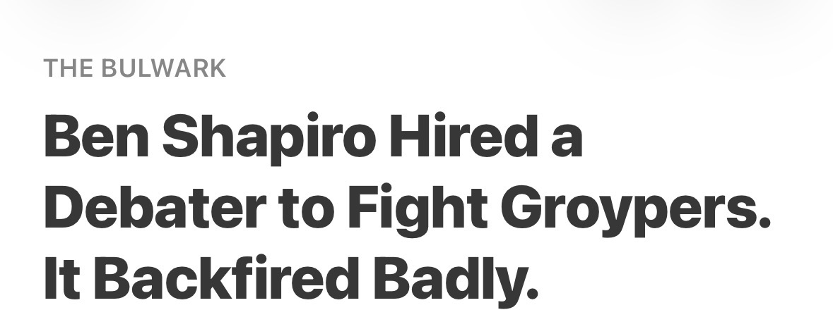 WireRacing's tweet photo. Ben Shapiro hired a 19-year-old to debate groypers and it instantly became a real life version of the “grandma can you pick me up from my rap battle” tweet https://t.co/ursHHhR7mq