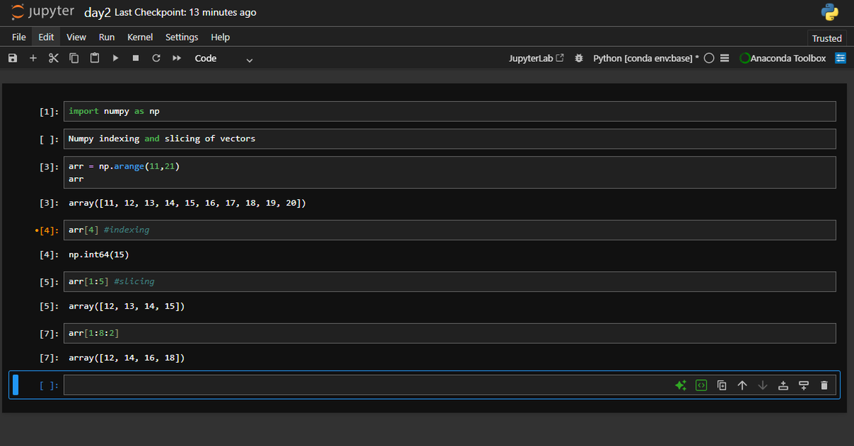 AnuragSaini03's tweet photo. Day 93 of #100DaysOfCode 🚀
Learned indexing & slicing in NumPy vectors and matrices 📊🐍
Practiced accessing elements, rows, columns & subarrays 💻📈
#Python #Day93 #NumPy #CodingJourney https://t.co/EAXOZNqrMb