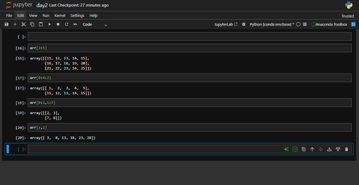 AnuragSaini03's tweet photo. Day 93 of #100DaysOfCode 🚀
Learned indexing & slicing in NumPy vectors and matrices 📊🐍
Practiced accessing elements, rows, columns & subarrays 💻📈
#Python #Day93 #NumPy #CodingJourney https://t.co/EAXOZNqrMb