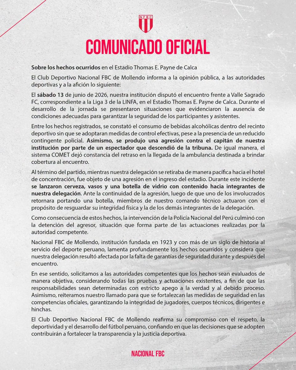 jjllerena's tweet photo. #Liga3 Nacional FBC de Mollendo rompió su silencio y se pronunció respecto a los hechos ocurridos en Calca en su encuentro frente a Valle Sagrado. Se evidencia la falta de seguridad y control, aficionados libando licor al interior, hostigamiento y agresiones. https://t.co/ittvNt2FUt