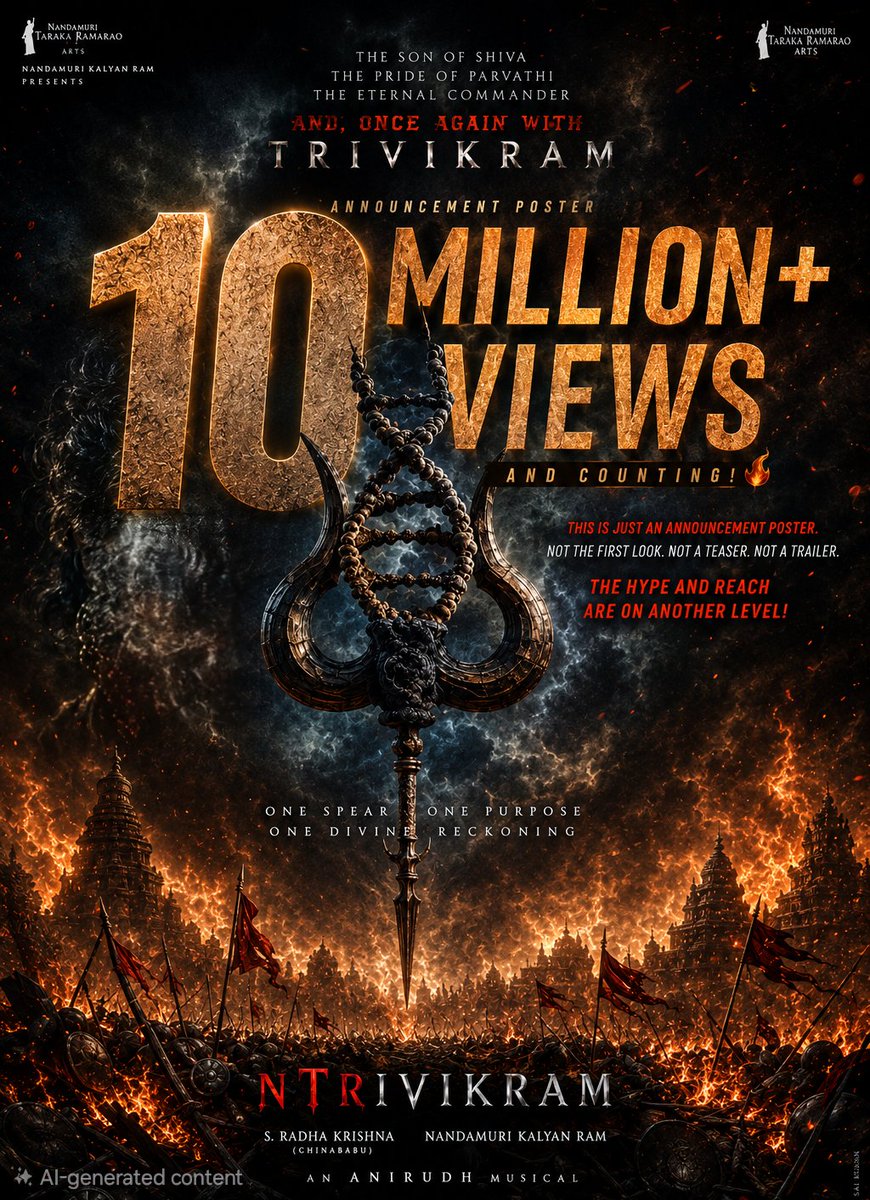 vinay_a9's tweet photo. 10 MILLION VIEWS , 110K Likes ❤️ and counting... 

This is just an announcement poster... not the first look, not a teaser, not a trailer.

The hype and reach is 🔥🔥🔥#ManOfMassesNTR @tarak9999 🙏

#NTRxTrivikram @NTRxTrivikram 🦚 https://t.co/it7KyFuExM