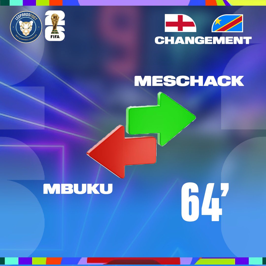 leopardsfoot's tweet photo. 🐆 Premier changement pour les Léopards : Mbuku cède sa place à Meschack !

#congo #LPFWorldCup #ANGRDC https://t.co/ytqjIatl1T