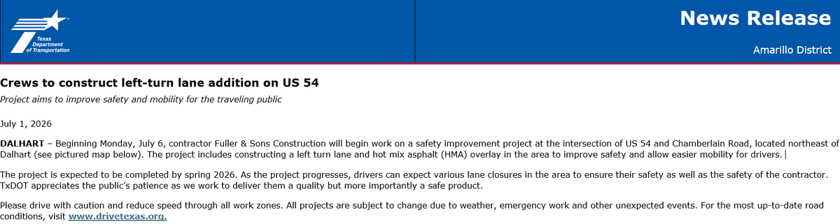 TxDOTAmarillo's tweet photo. CREWS TO CONSTRUCT LEFT-TURN LANE ADDITION ON US 54
Project aims to improve safety and mobility for the traveling public https://t.co/8BlsMY5WHc