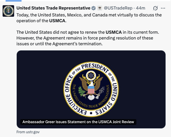 jimcsek's tweet photo. As expected.  Meetings scheduled with Mexico. 

This is an absolute failure of Mark Carney and Liberal Party. 

Again as expected.  

Reelecting the same people (backroom man becomes front man) running the same policies and expecting different results is insanity. 

July 01, 2026

WASHINGTON – The Agreement between the United States of America, the United Mexican States, and Canada (USMCA or “Agreement”) requires the USMCA Free Trade Commission, composed of government representatives of each Party, to conduct a joint review of the Agreement on July 1, 2026. 

In accordance with the Agreement, the United States, Mexico, and Canada met virtually today to discuss the operation of the USMCA. 

The United States did not agree to renew the USMCA in its current form. As a result, the USMCA is not renewed. 

The United States will continue to engage with Mexico and Canada to address the Agreement’s shortcomings and our trade deficits with these countries. 

However, the Agreement remains in force pending resolution of these issues or until the Agreement’s termination. As previously announced, the United States will meet with Mexico the week of July 20 for a third round of bilateral negotiations related to the USMCA joint review.