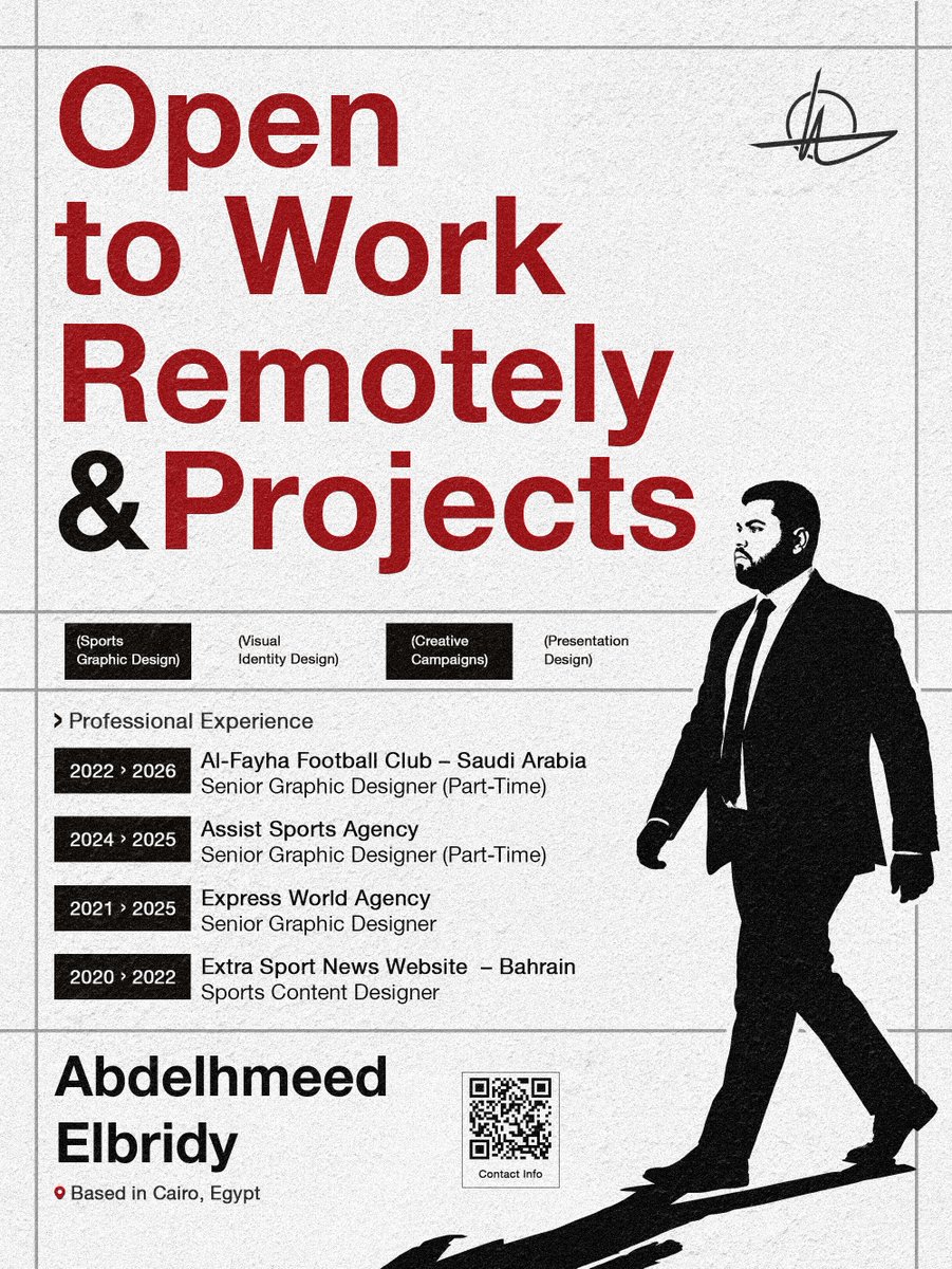 itsabdelhmeed's tweet photo. Open to new collaborations 📷
5+ years crafting bold sports visuals, matchday designs & brand identities for clubs and agencies across the Middle East.
Portfolio : https://t.co/K1euhsh3eI
#OpenToWork #GraphicDesign #SportsDesign #BrandIdentity #ArtDirection #FreelanceDesigner https://t.co/bm2ZkKpmQQ