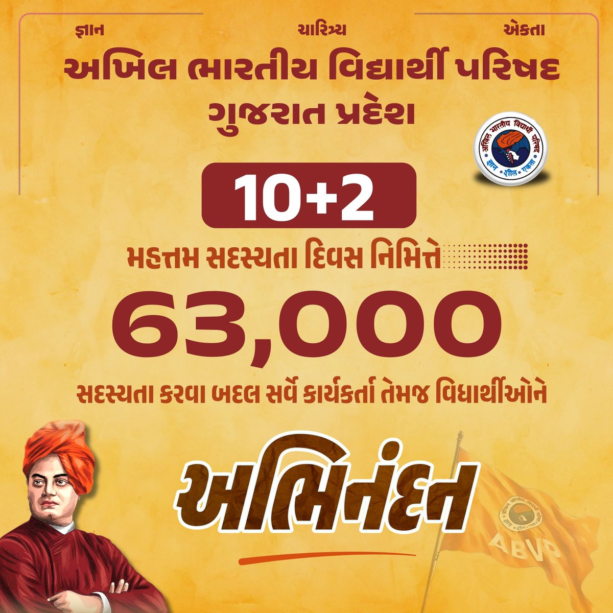 ABVPGujarat's tweet photo. #ABVPGujarat દ્વારા 10+2 મહત્તમ સદસ્યતા દિવસ નિમિત્તે 63,000 સદસ્યતા કરવા બદલ સર્વે કાર્યકર્તા તેમજ વિદ્યાર્થીઓને અભિનંદન....

#JoinABVP https://t.co/byZJmQXtwg