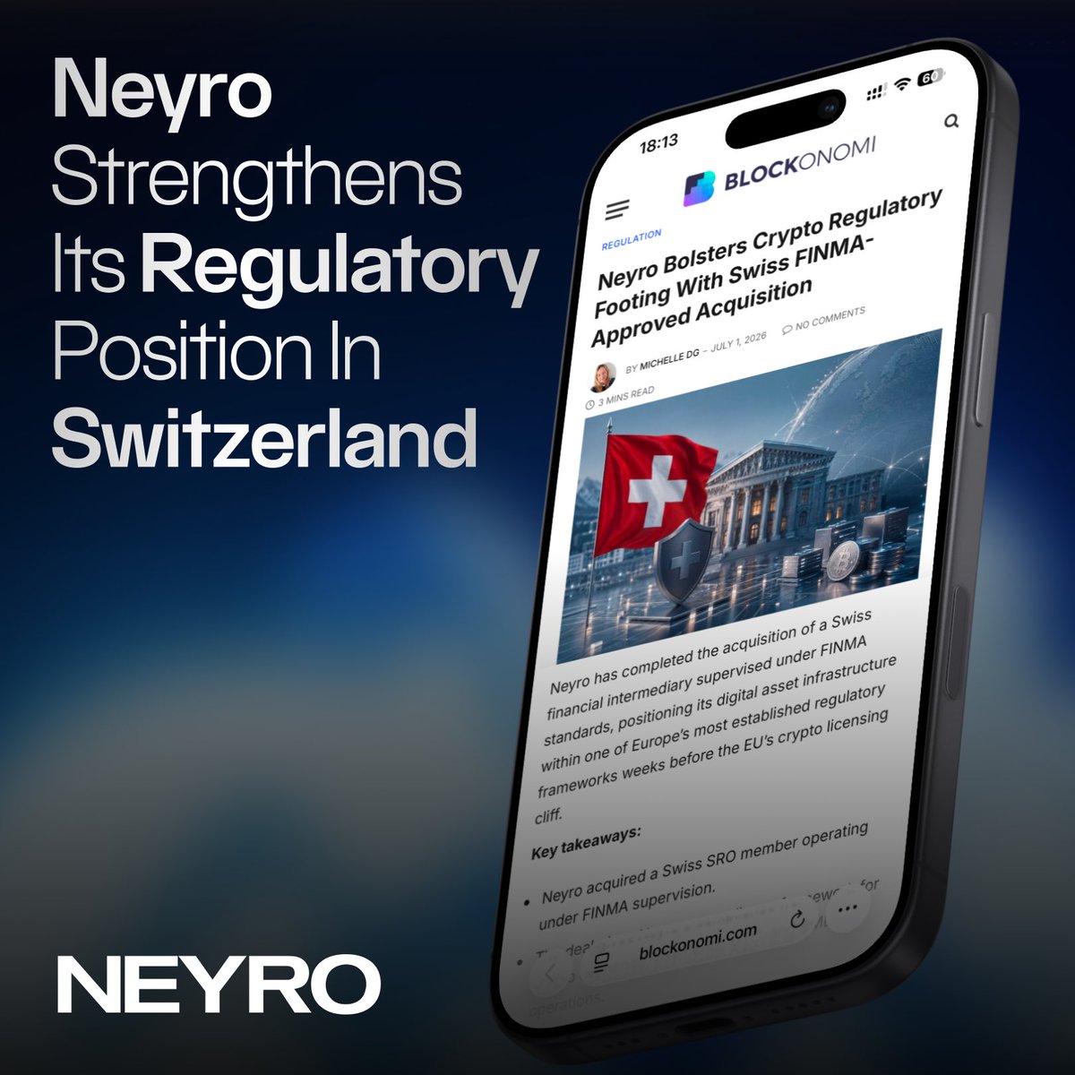 aurum_ecosystem's tweet photo. @Neyro_network has strengthened its regulatory position through the acquisition of a Swiss financial intermediary operating under FINMA-recognized supervision standards.

This milestone expands Neyro’s global regulatory infrastructure and supports its long-term strategy of combining regulated financial services with decentralized technology.

⬇️ Full article in the comments.