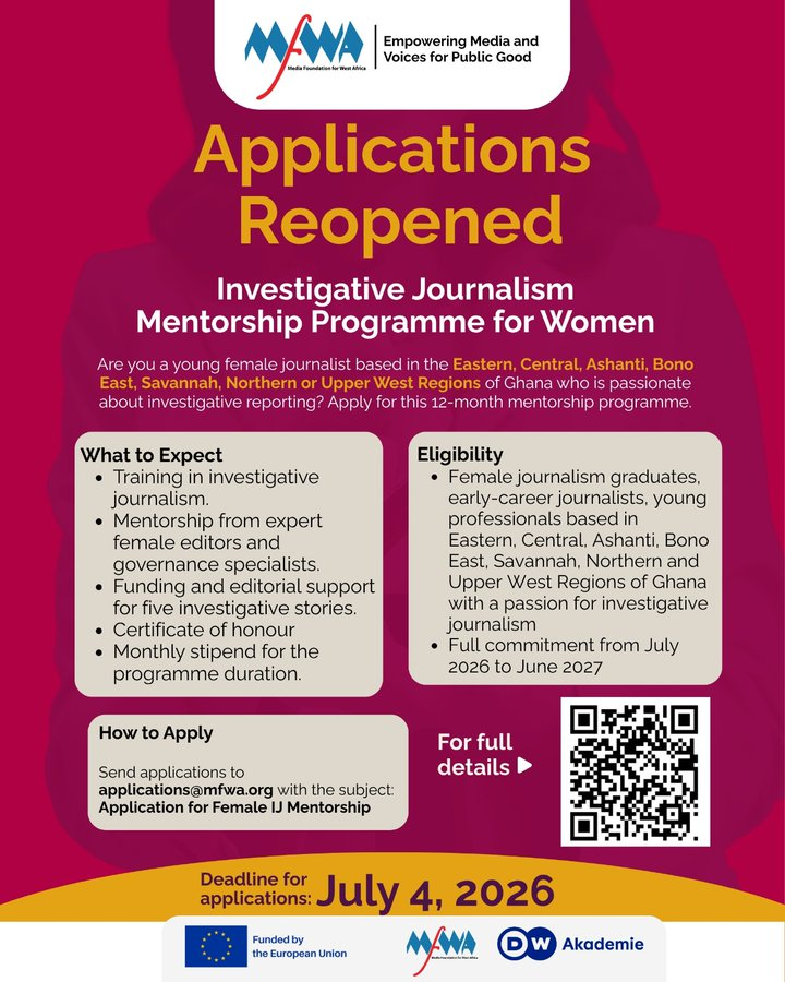 gijnAfrica's tweet photo. NEW! @TheMFWA has reopened applications for young female journalism graduates, early career journalists and other young professionals with a passion for accountability journalism in Ghana to join its 12-month mentorship programme.

Apply by July 4. https://t.co/SrpO1LgO0c https://t.co/J8CWQhPjiE
