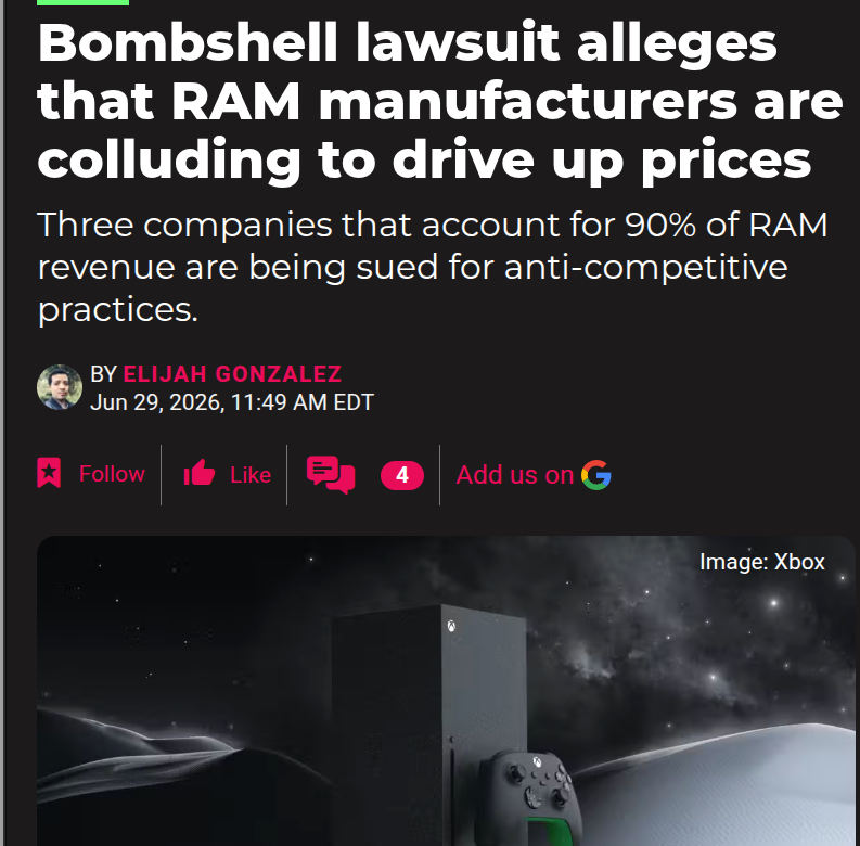 rohanpaul_ai's tweet photo. A new lawsuit says the RAM shortage may involve more than AI demand.

Three memory giants now face claims they coordinated the DRAM supply squeeze.

AI data centers have pulled supply toward HBM, a faster stacked DRAM format.

The lawsuit claims that shift became cover for cutting DDR3 and DDR4 output.

Samsung Electronics, SK Hynix, and Micron control roughly 90% of global DRAM revenue.

A market that concentrated gives buyers few escapes when supply tightens together.

The complaint says all 3 firms reduced commodity supply instead of chasing higher prices. 
In a normal competitive market, rising DRAM prices should make each company produce more.
But, producing more can lower the market price, because buyers suddenly have more chips available.

Producing less can keep chips scarce, so buyers must pay much more for each chip.

That is the plaintiffs’ core antitrust claim.

Samsung previously paid $300M for DRAM price fixing, while Hynix paid $185 M.

Micron says it competes lawfully and will defend itself against the claims.

The case will likely turn on discovery. i.e. the court will need internal evidence, like emails, messages, meeting notes, or pricing plans, showing the companies actually coordinated instead of independently reacting to the same market conditions.

Doing the same thing at the same time can look suspicious, but antitrust law usually needs more than similarity to prove illegal collusion.

---

polygon .com/ram-manufacturers-sued-supply-price-fixing/