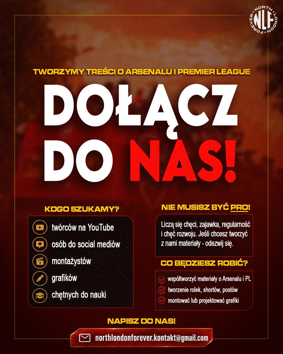 wator_ski's tweet photo. 🚨 Masz zajawkę na Arsenal/Premier League i chcesz tworzyć treści? To może być szansa dla Ciebie!

Nie szukamy wyłącznie osób z doświadczeniem. Najważniejsze są chęci do nauki, zaangażowanie i regularność. Jeśli dopiero zaczynasz, pomożemy Ci się rozwinąć.

Jeśli masz już doświadczenie w nagrywaniu, montażu, grafice lub prowadzeniu social mediów – koniecznie pokaż nam swoje umiejętności. Możesz dołączyć próbki swoich prac lub krótkie nagranie, w którym opowiesz o sobie i powiesz, dlaczego chcesz dołączyć do North London Forever.

Liczba miejsc jest ograniczona, dlatego wybierzemy osoby, które najlepiej odnajdą się w naszym zespole. Powodzenia! 🔴⚪