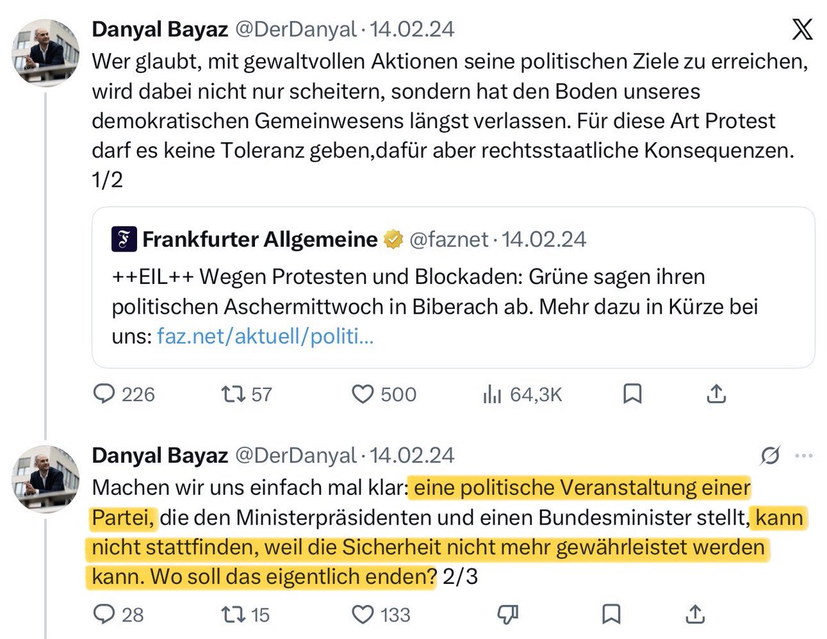 VceOfReason's tweet photo. Es gibt einen sehr einfachen Grund, warum Linke X verbieten wollen.

Man kann nämlich innerhalb von zehn Sekunden einen Tweet des grünen Finanzministers von Baden-Württemberg finden, in dem er die „undemokratischen“ Bauernproteste kritisiert und beklagt, dass seine Partei durch sie ihre Veranstaltung nicht abhalten konnte.

Damals hat es sich also um kein „Fest der Demokratie“ gehandelt. Wirklich interessant.

PS. Die Bauern haben übrigens keine Sprengstoffattentate angekündigt oder ausgeführt.
