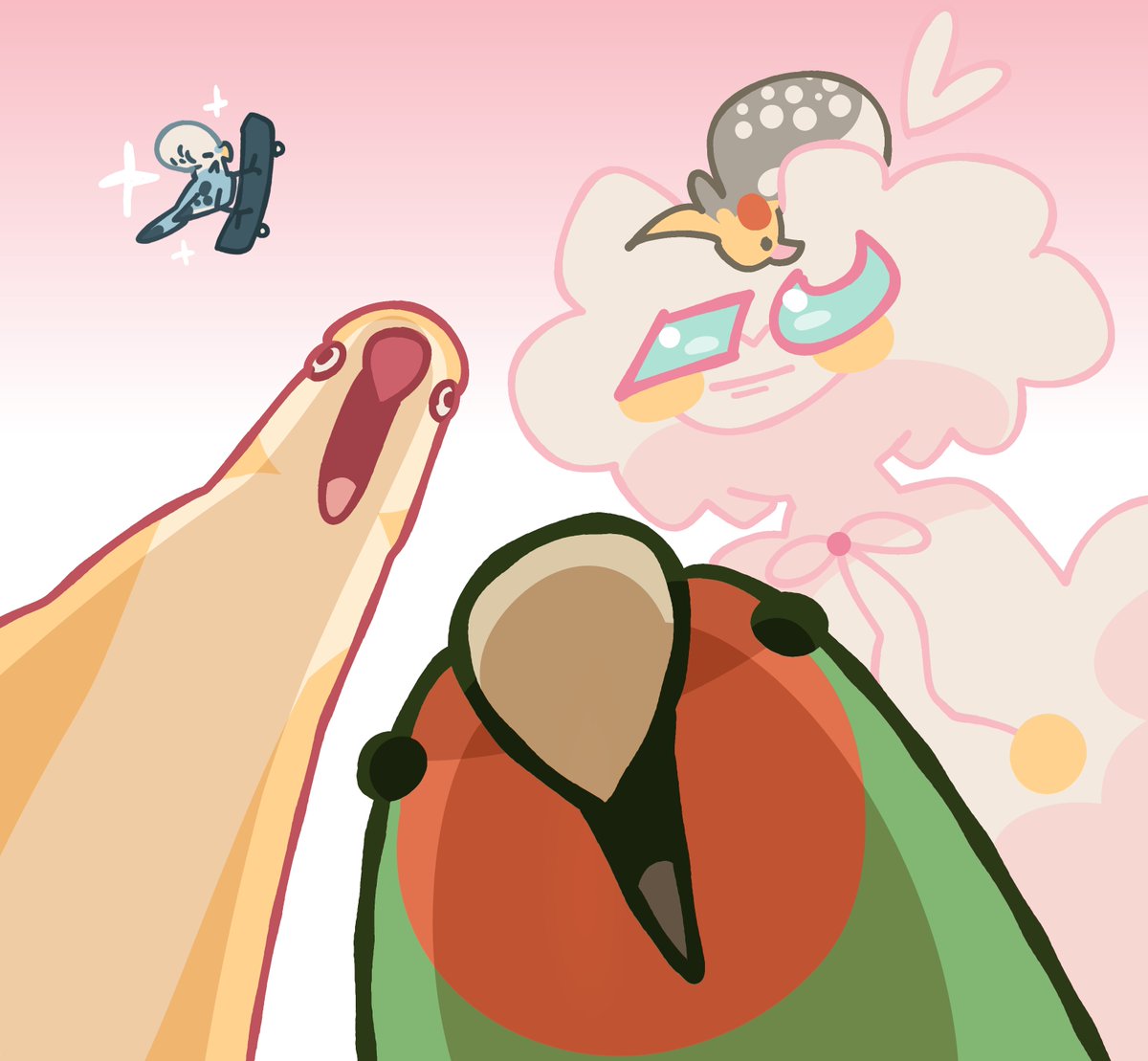 pannabanana's tweet photo. the birb gang says hi 👋 https://t.co/3rKTUOgYsO